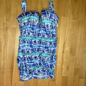 A.CHE Swimsuit 16 D/DD Bra Underwire Tie Dye Blue One Piece Dress Bathingsuit